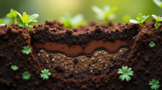 Coupe transversale d'un sol vivant riche en matière organique avec vers de terre, mycorhizes et racines de plantes saines