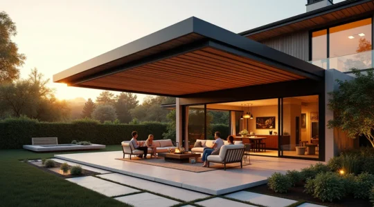 Une terrasse couverte avec pergola bioclimatique intégrée à une maison, montrant l'espace transformé en pièce de vie supplémentaire.