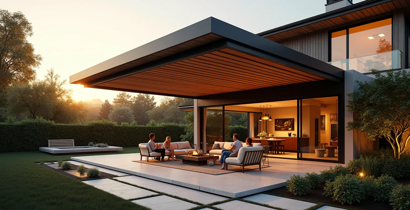 Une terrasse couverte avec pergola bioclimatique intégrée à une maison, montrant l'espace transformé en pièce de vie supplémentaire.