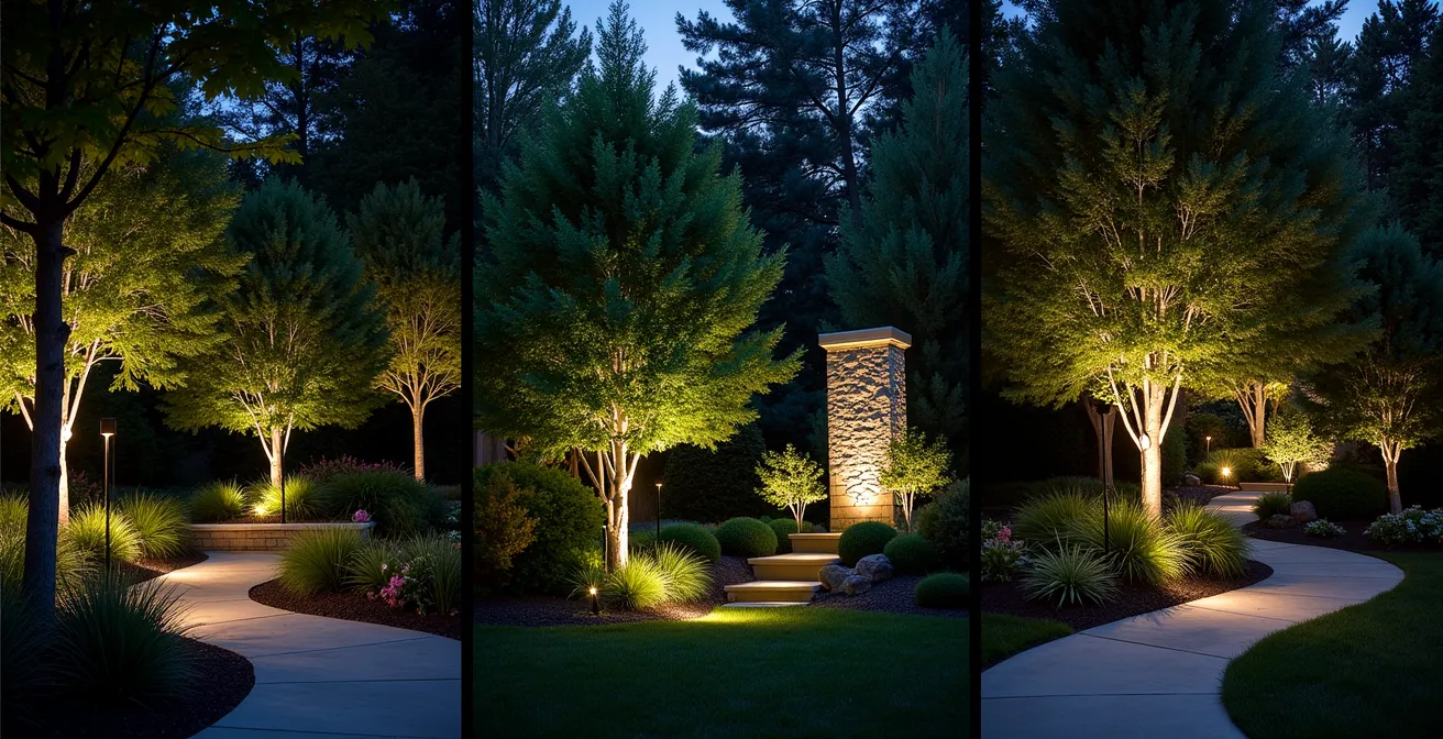 Trois zones d'un même jardin illustrant distinctement le moonlighting (lumière diffuse du feuillage), l'uplighting (mise en évidence d'arbres et textures), et le pathlighting (guidage de chemin avec lumières basses).
