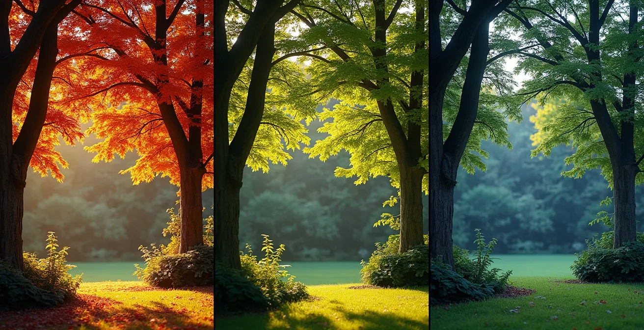 Comparaison visuelle des différentes températures de couleur de lumière affectant l'apparence des plantes québécoises la nuit