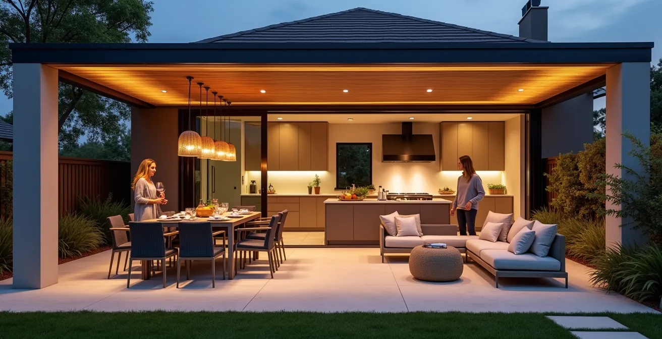 Une terrasse couverte divisée en trois zones distinctes : coin repas, salon lounge et cuisine extérieure, intégrée harmonieusement à la maison.