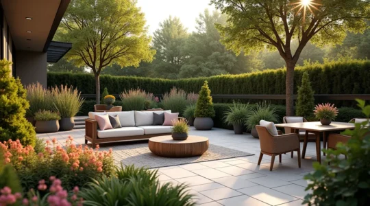 Une terrasse élégante décorée de plantes fleuries résistantes, meubles confortables et lumières chaleureuses, transformant un petit espace en oasis paysager pour profiter toute l'année.