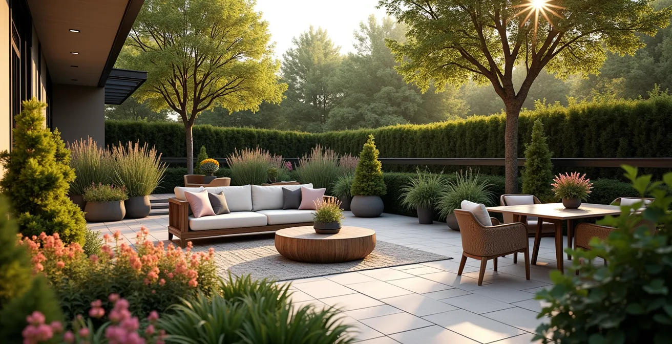 Une terrasse élégante décorée de plantes fleuries résistantes, meubles confortables et lumières chaleureuses, transformant un petit espace en oasis paysager pour profiter toute l'année.