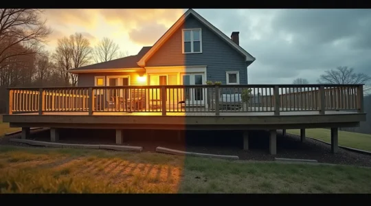 Terrasse robuste bien construite avec fondations profondes résistant aux cycles gel-dégel du Québec, montrant structure sécuritaire et durable.