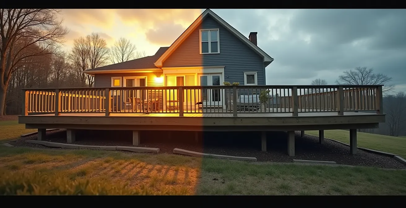 Terrasse robuste bien construite avec fondations profondes résistant aux cycles gel-dégel du Québec, montrant structure sécuritaire et durable.