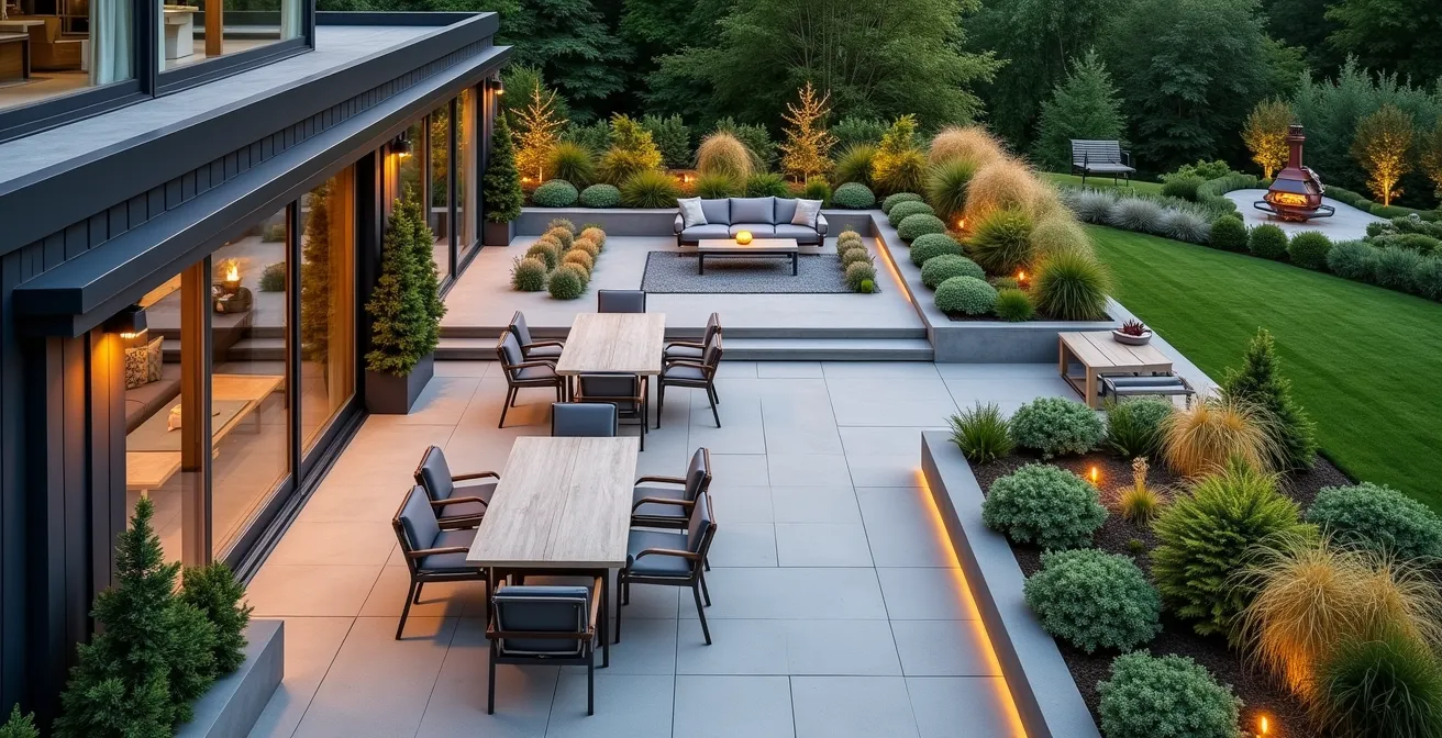 Une terrasse divisée en quatre zones distinctes : coin repas avec mobilier table, zone détente avec chaises ergonomiques, espace aromatique avec jardinières, et point focal lumineux au fond.