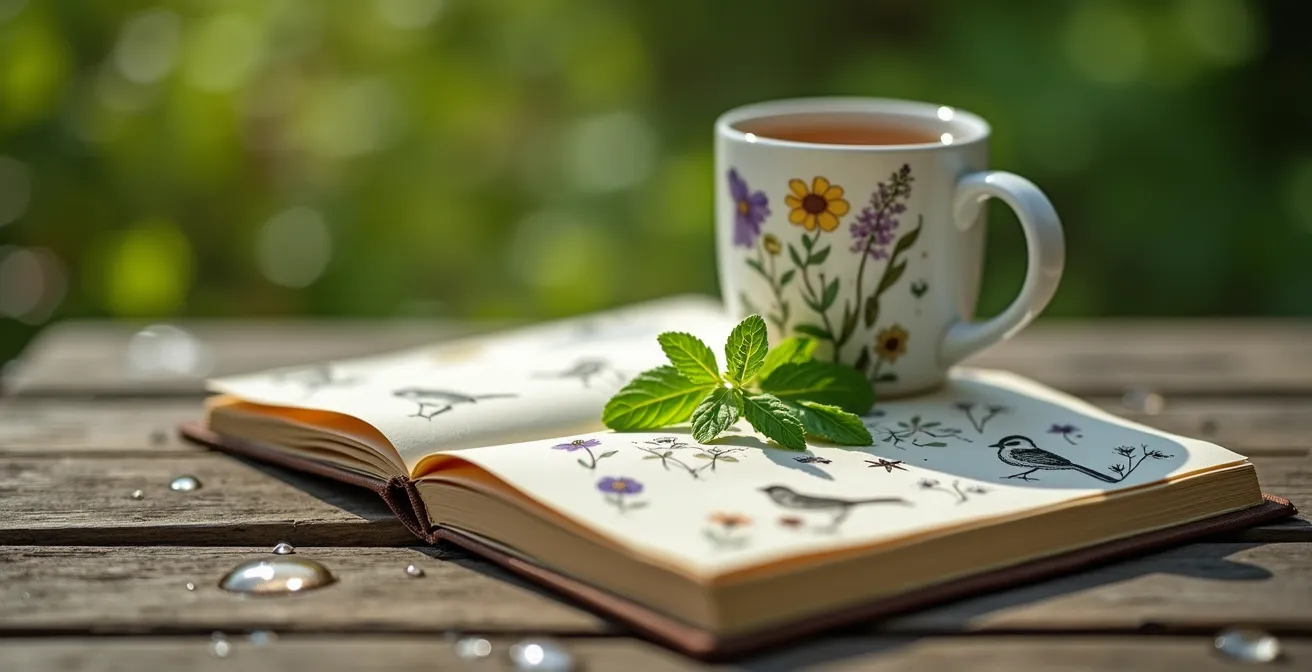 Gros plan sur un carnet de jardinage ouvert avec croquis d'oiseaux et une tasse de tisane posée sur une table en bois