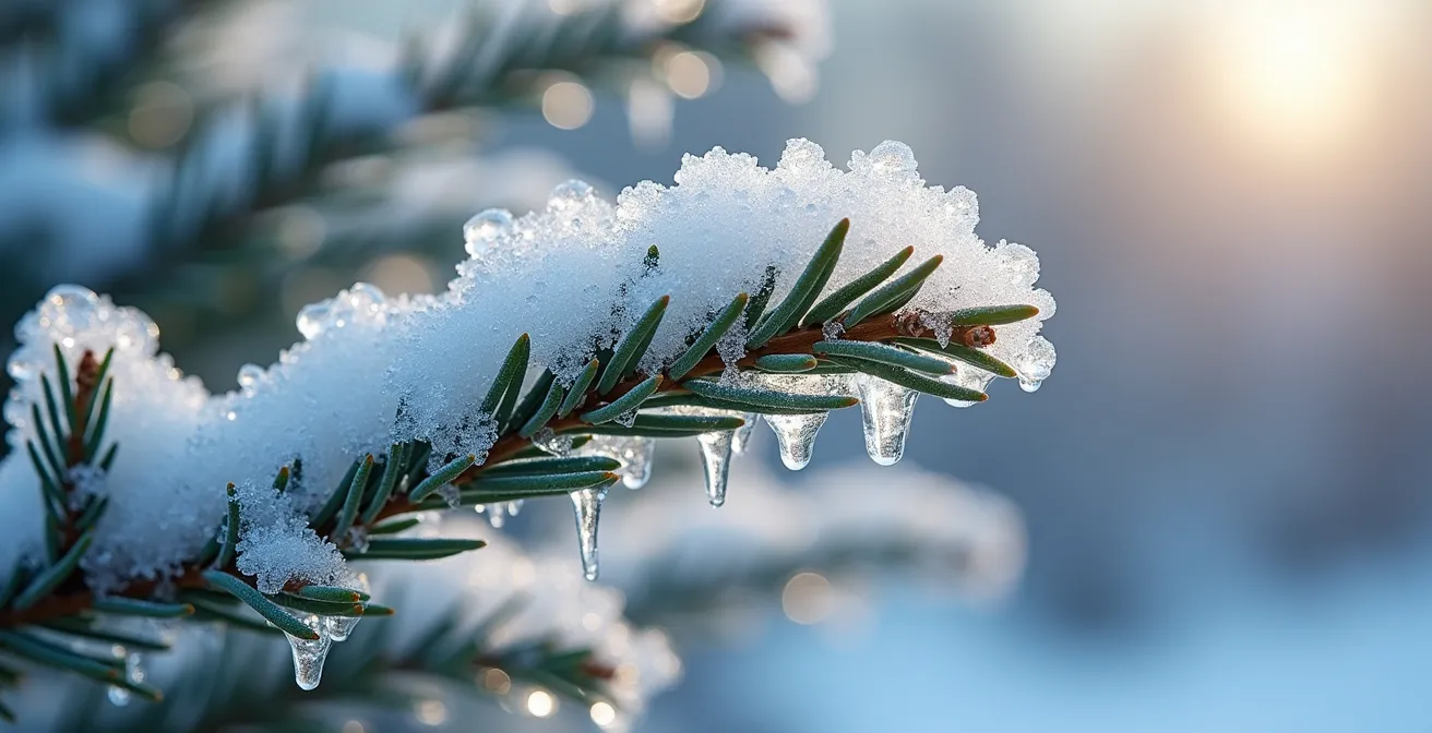 Arbustes couverts de verglas pliés sous le poids mais restant intacts dans un jardin québécois