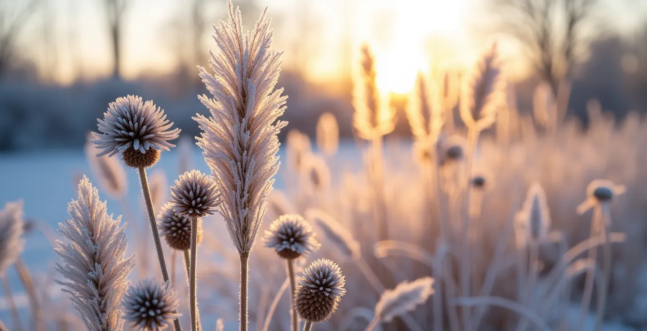 Tiges de graminées ornementales couvertes de givre créant des motifs architecturaux