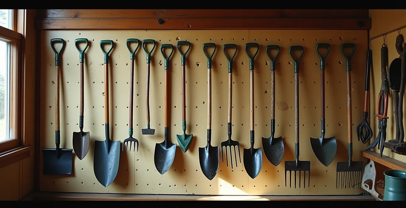 Vue d'ensemble d'une bibliothèque d'outils communautaire avec rangement organisé d'outils de jardinage vintage