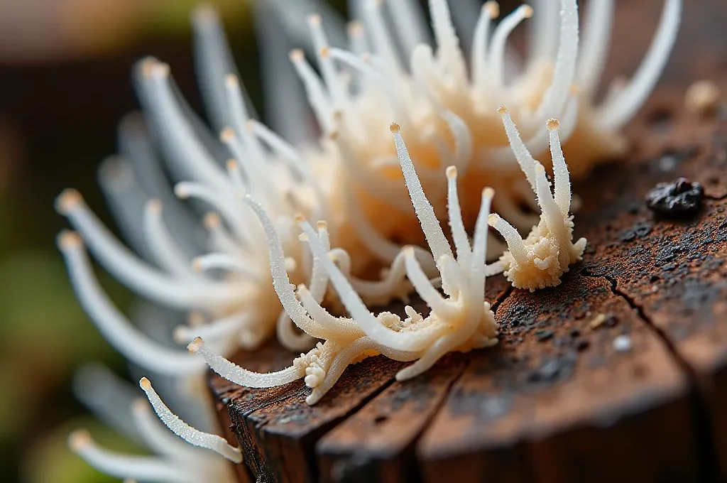 Copeaux de bois raméal fragmenté en décomposition avec mycélium visible sur sol québécois