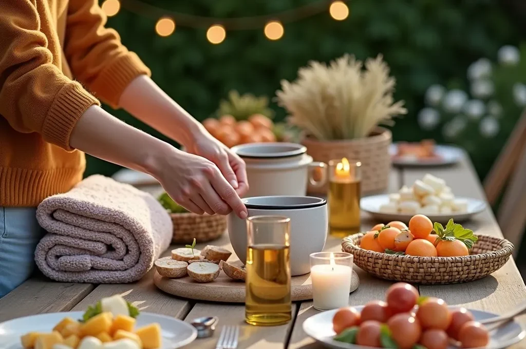 Table de terrasse organisée avec différentes zones pour recevoir confortablement