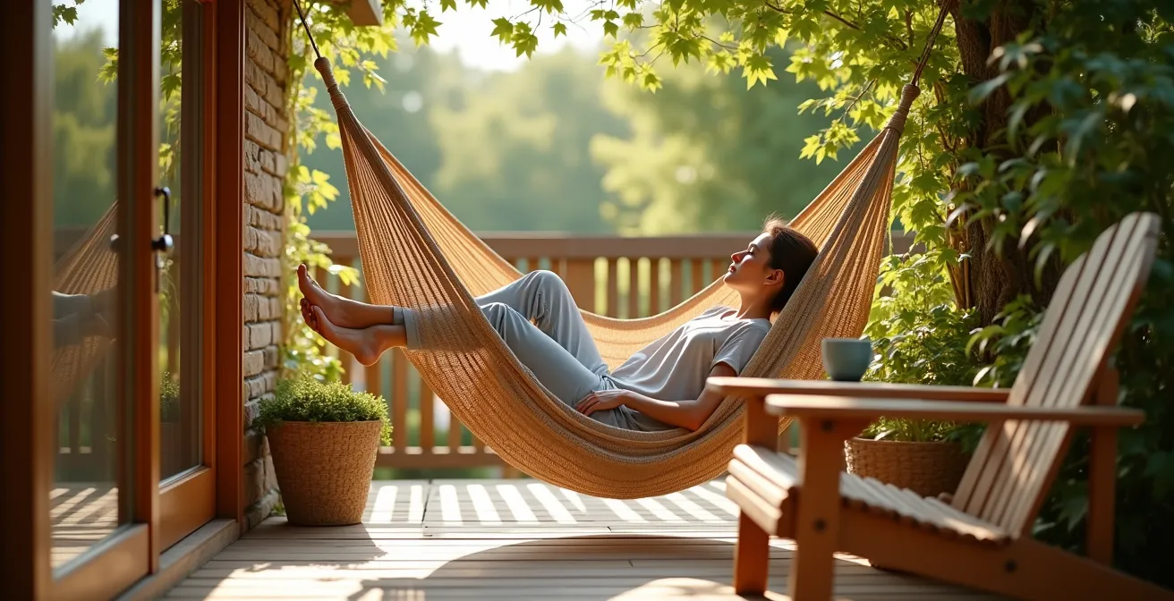Coin détente avec hamac en macramé suspendu et chaises Adirondack en cèdre sous une pergola au Québec