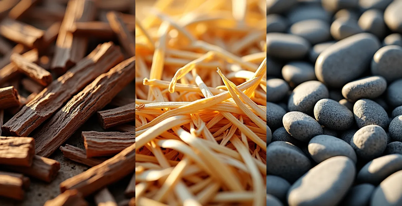 Gros plan comparatif de trois textures de paillis : copeaux de bois, paille et galets