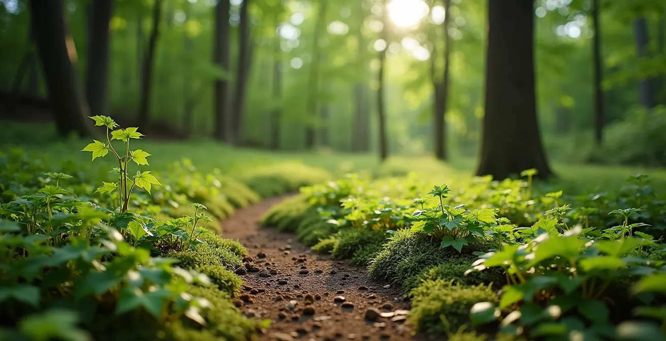 Vue large d'un jardin québécois avec couvre-sols indigènes remplaçant le paillis traditionnel