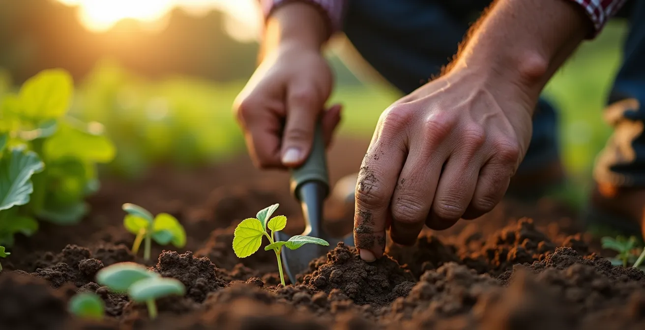 Mains travaillant la terre avec une binette traditionnelle dans un potager au lever du soleil