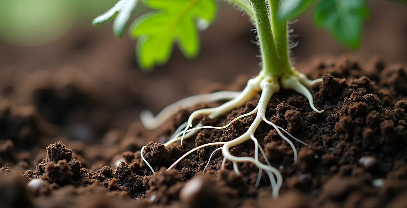 Vue macro des racines d'un plant de tomate avec zone de sécurité visible autour