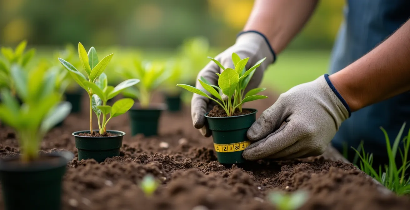 Vue comparative montrant l'évolution d'une plate-bande sur 5 ans avec un espacement adéquat des plantes.