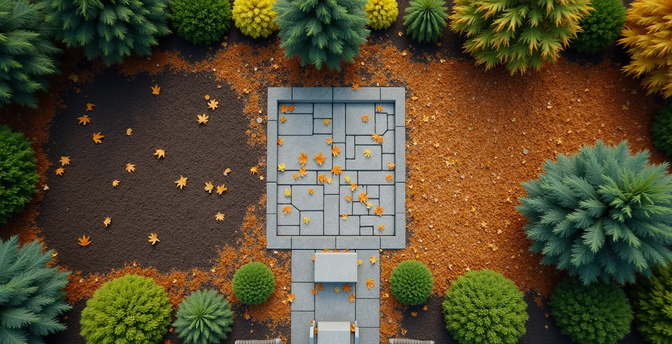 Vue aérienne montrant l'évolution d'un jardin avec paillis sur plusieurs saisons