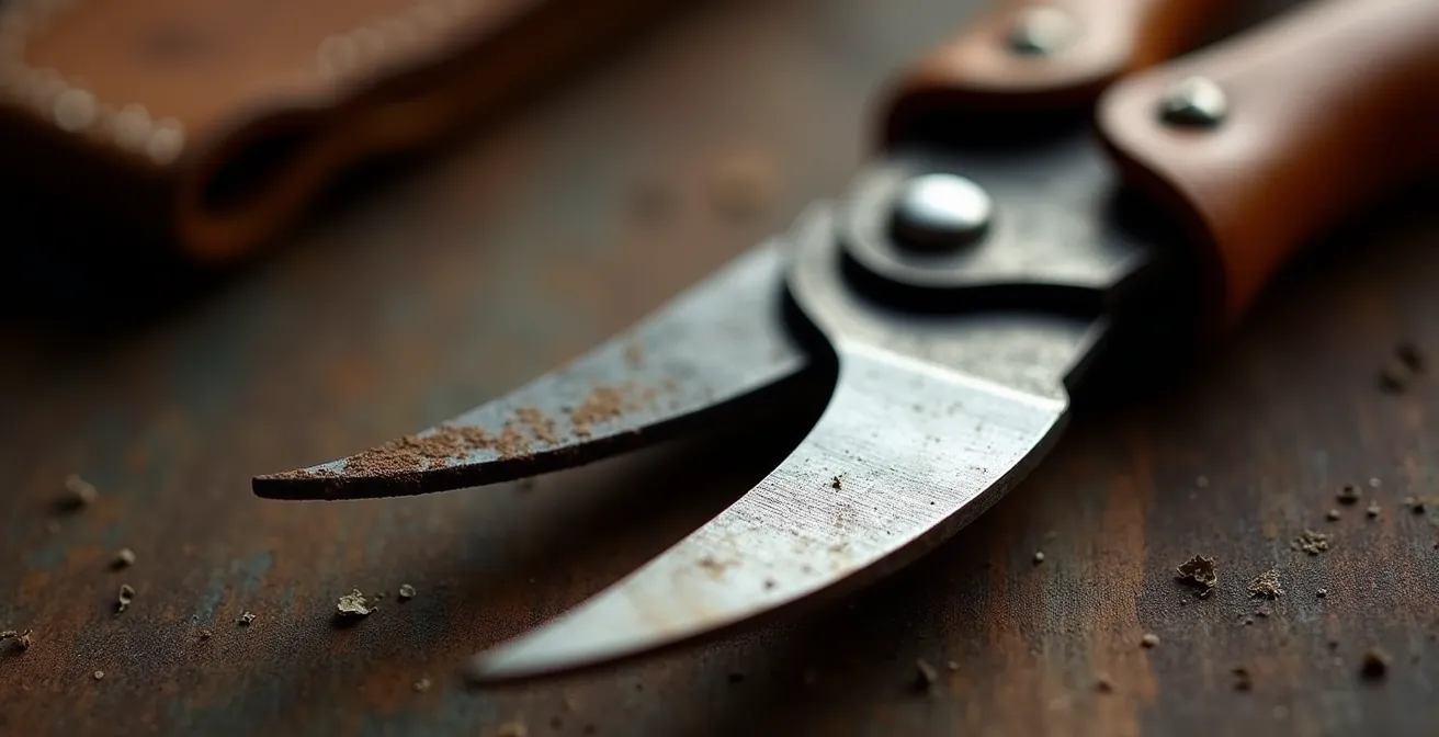 Vue macro détaillée de la lame en acier d'un sécateur professionnel avec texture et patine