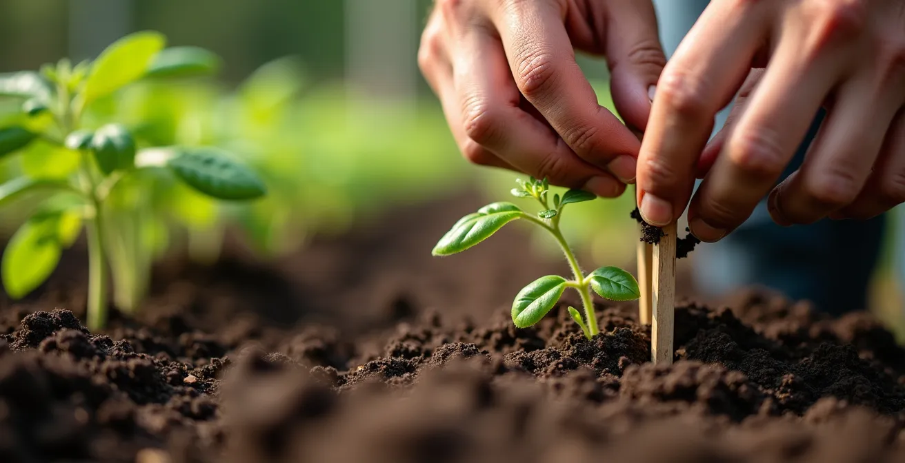 Gros plan sur l'installation d'un tuteur au moment de la transplantation d'un plant de tomate