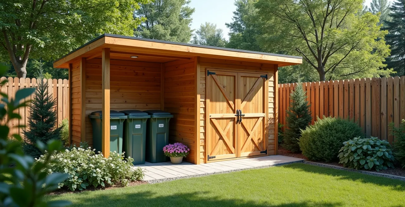 Cabanon en bois avec abri intégré pour bacs à compost et poubelles dans un jardin québécois