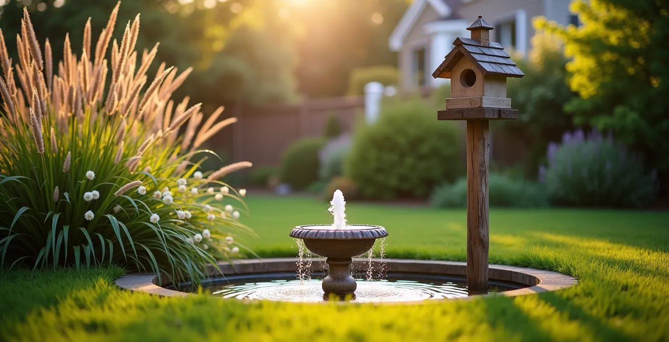 Vue symbolique d'un coin jardin protégé avec fontaine d'eau, plantes hautes et nichoir à oiseaux