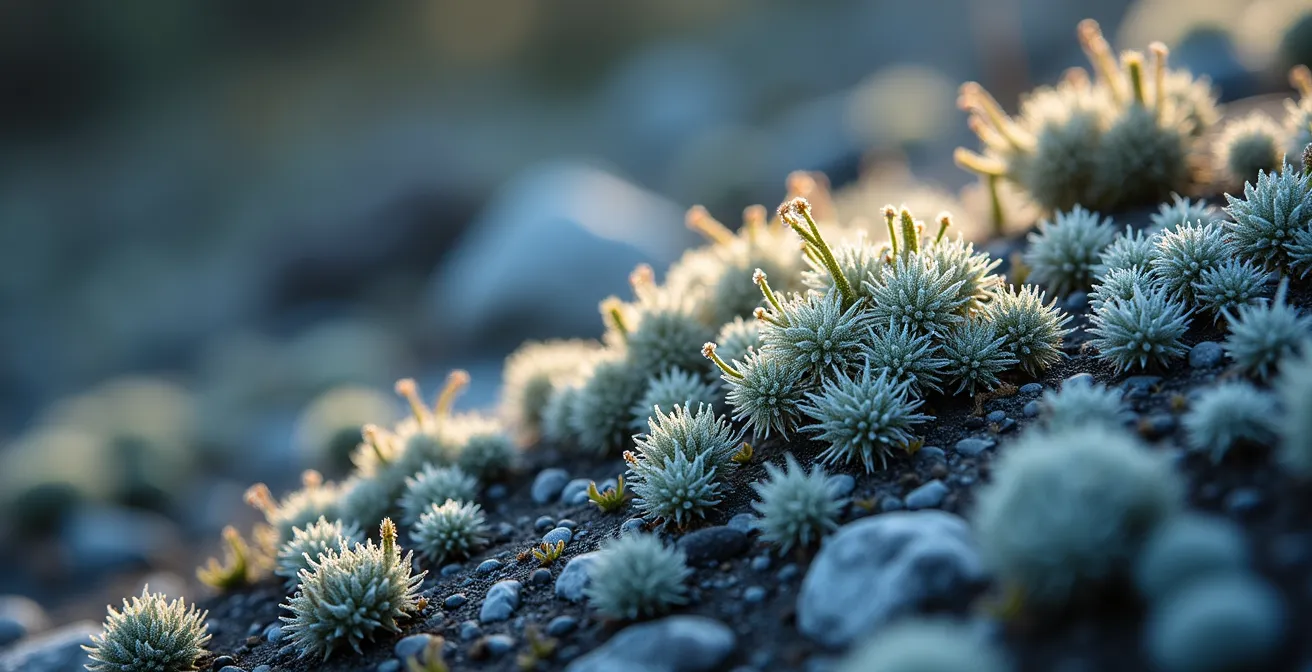 Paysage de jardin lunaire boréal avec roches du Bouclier canadien couvertes de lichen et plantes argentées