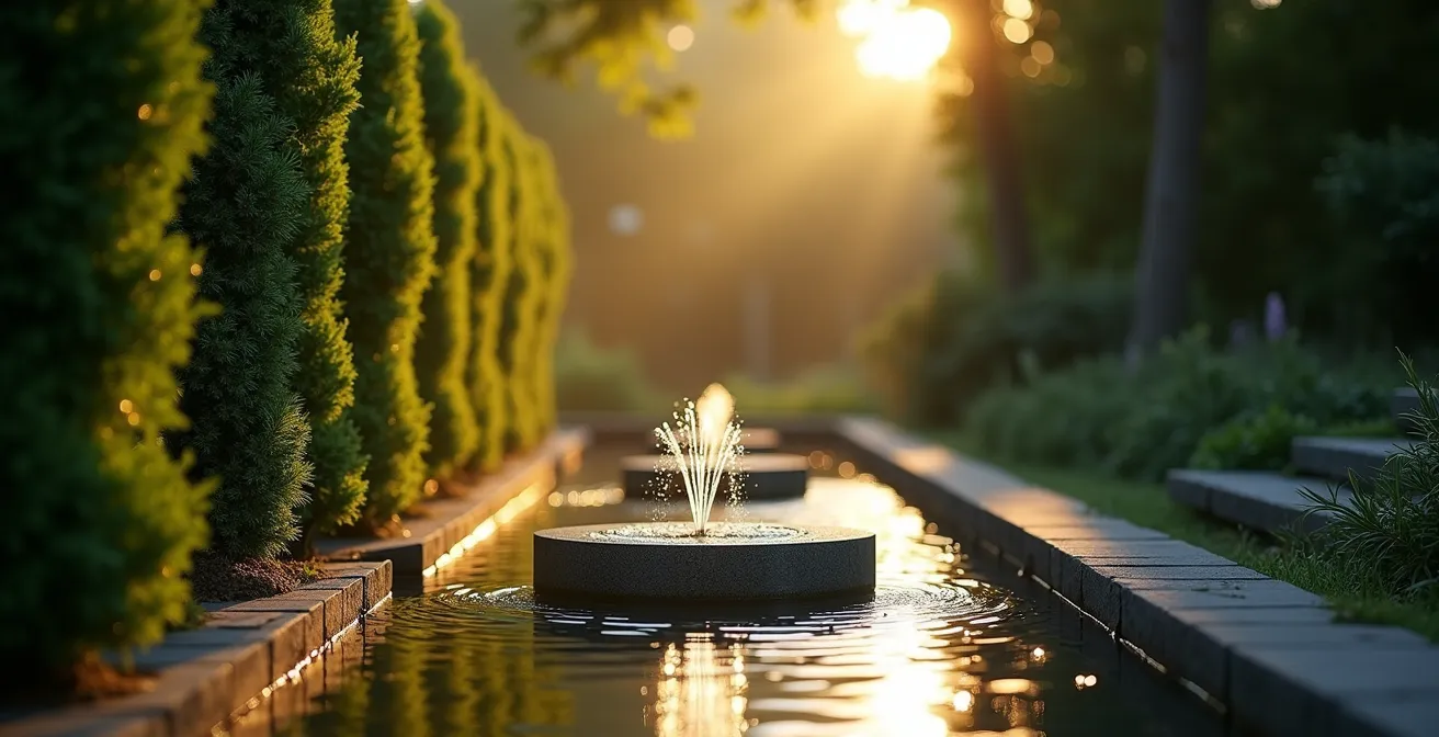 Vue symbolique d'un jardin de méditation avec haie de cèdres et fontaine d'eau créant une atmosphère paisible