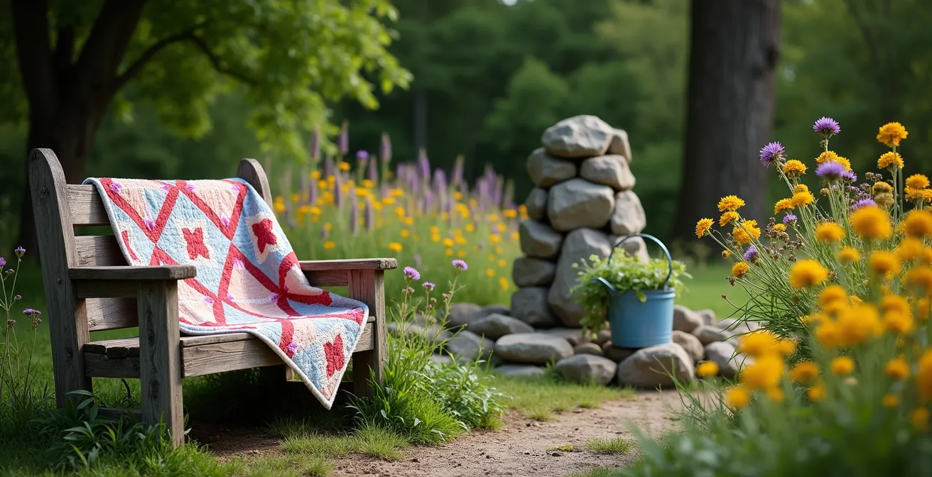Jardin personnel avec éléments de récupération et plantes locales créant un espace authentique