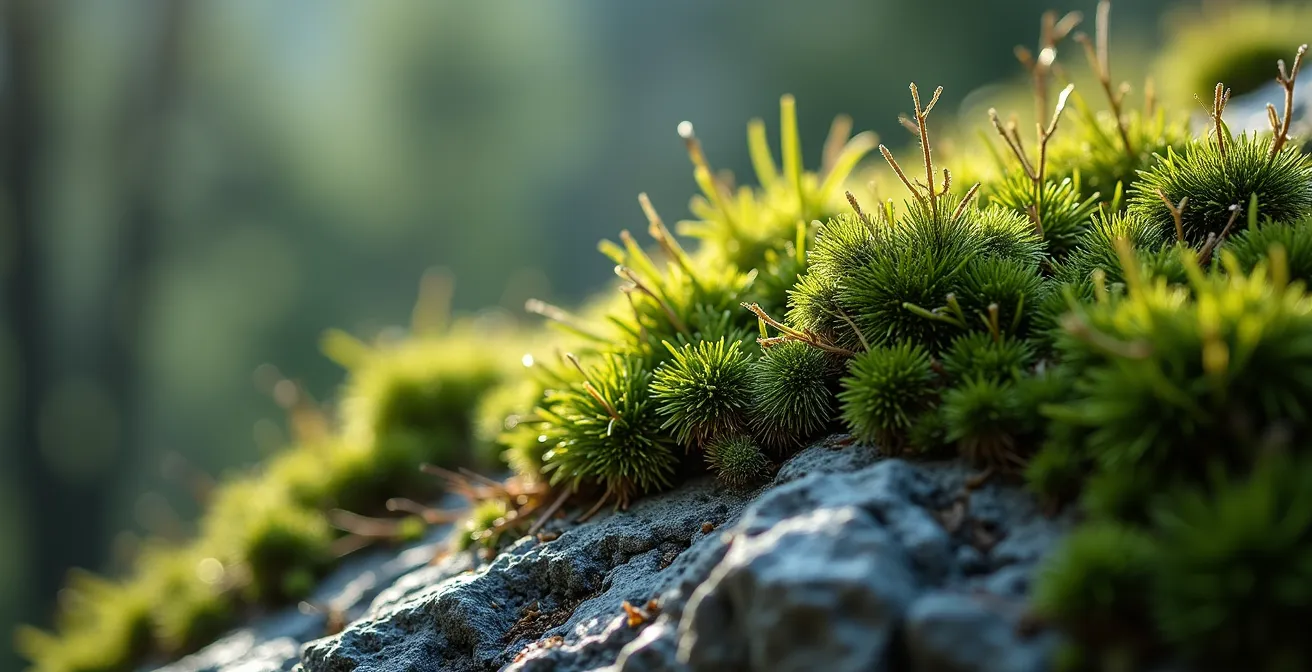 Gros plan macro sur mousse verte recouvrant granite québécois avec aiguilles de pin blanc
