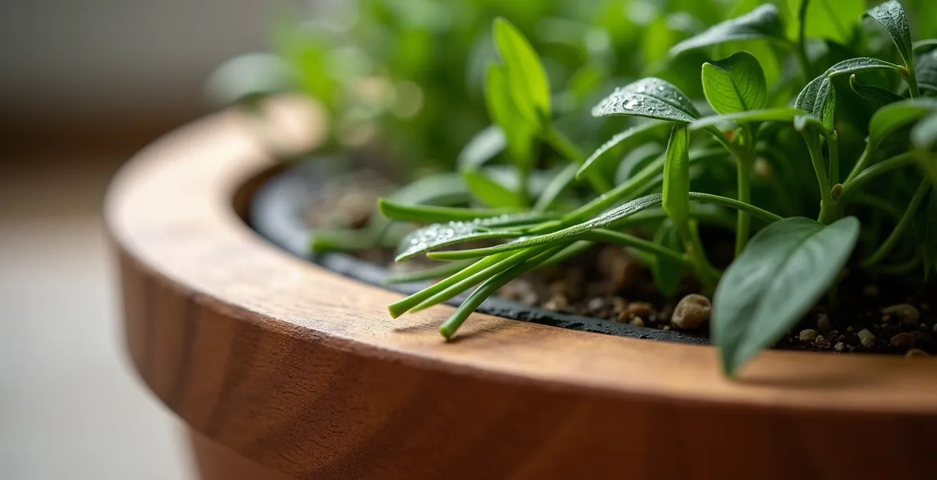 Jardinière en bois de merisier avec plateau amovible servant de bar, plantée d'herbes aromatiques rustiques québécoises
