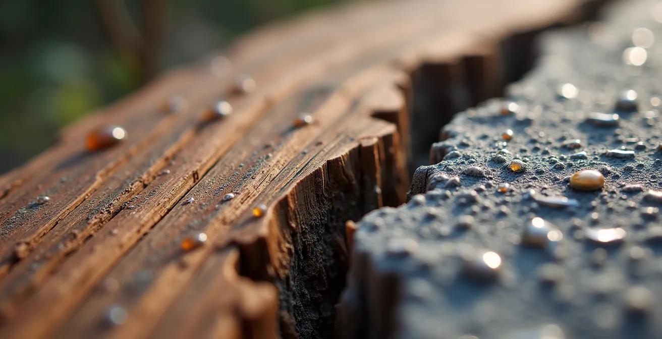 Détail macro de la texture du bois torréfié québécois juxtaposé à la pierre locale de Saint-Marc
