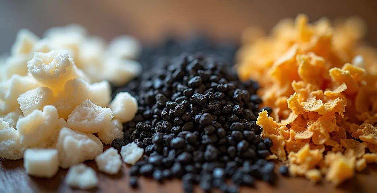 Gros plan sur des coquilles d'huîtres broyées, de la drêche de brasserie et de la sciure de bois non traité disposés en couches