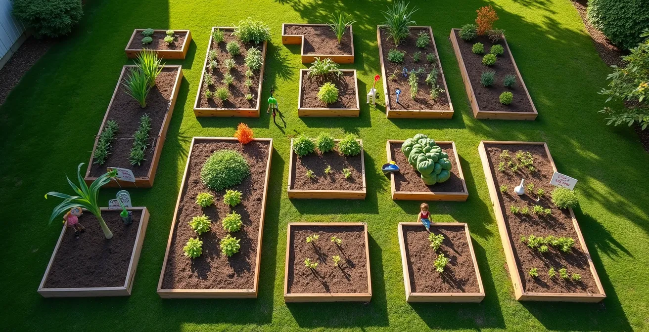 Vue aérienne d'un potager pour enfants avec les trois sœurs et carrés thématiques