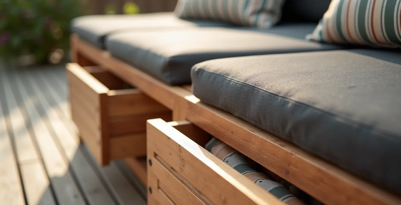 Mobilier de terrasse avec rangements intégrés et surfaces modulables