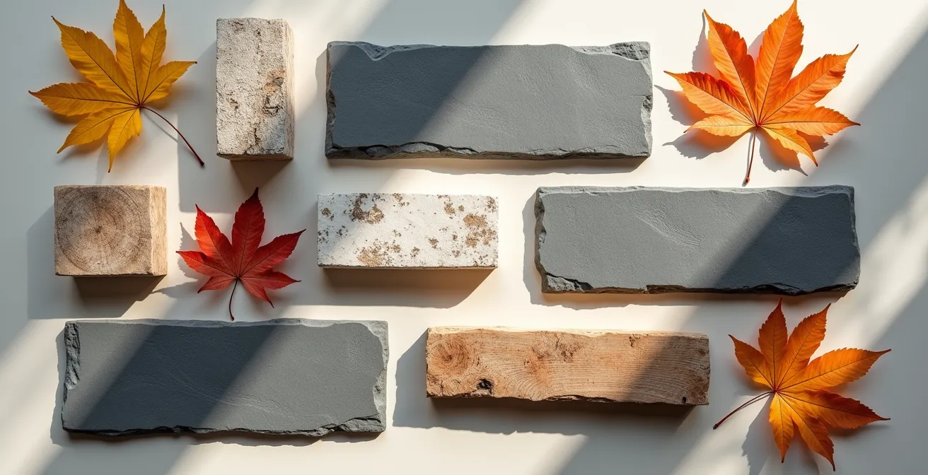 Composition d'échantillons de matériaux québécois pour jardin thématique incluant ardoise, granite et écorce de bouleau