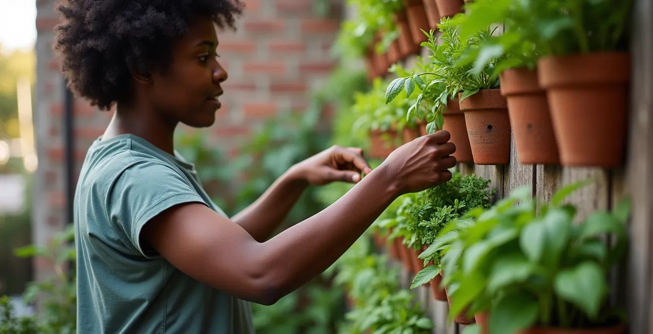 Mur végétal vertical avec système d'irrigation goutte-à-goutte alimenté par panneau solaire, planté d'herbes aromatiques québécoises