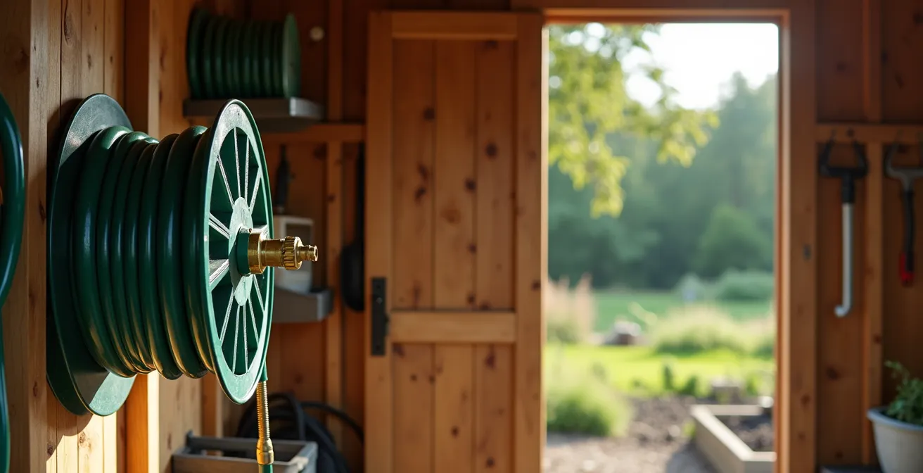 Système d'organisation de boyau d'arrosage avec enrouleur mural dans un cabanon de jardin québécois