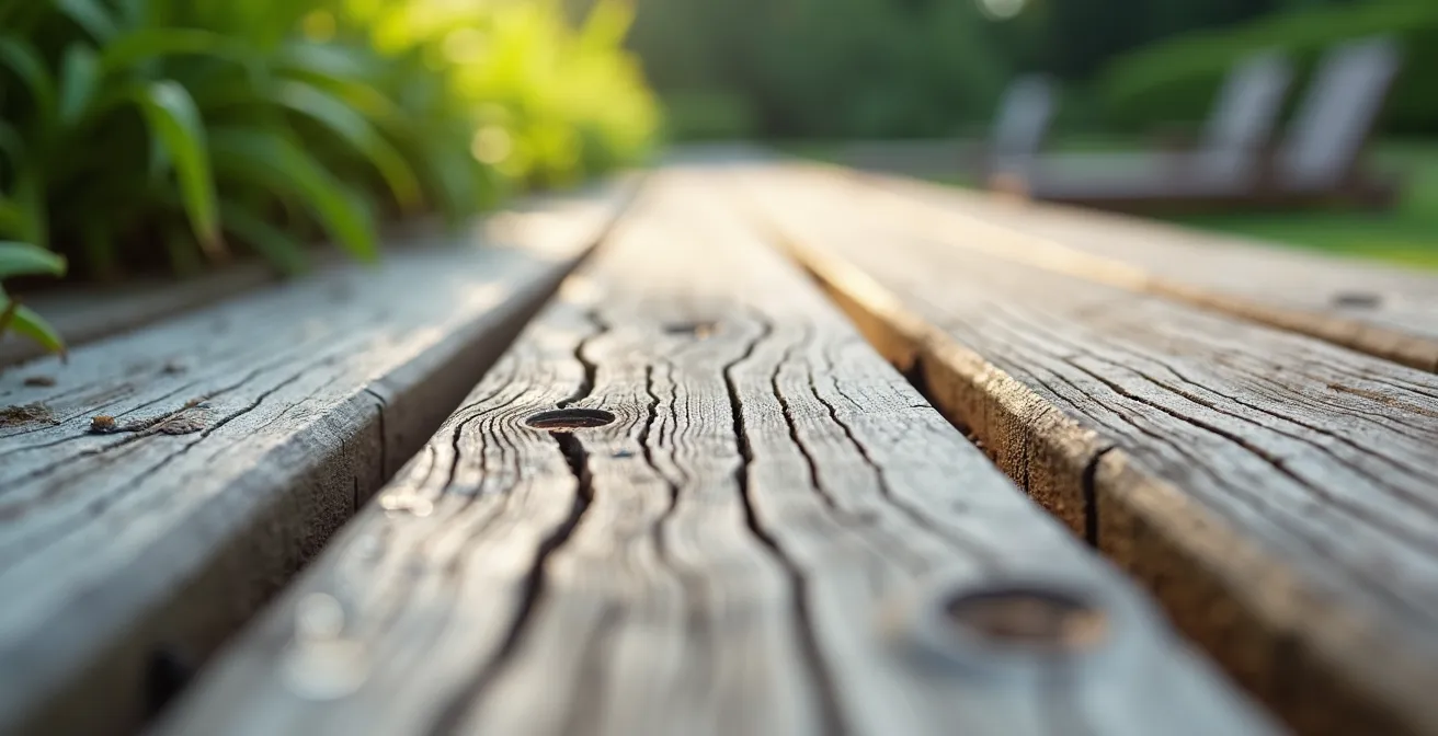 Gros plan sur une plateforme de yoga en cèdre vieilli avec textures naturelles du bois