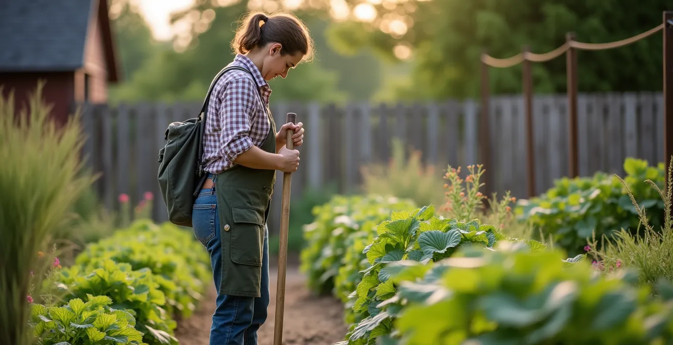 Jardinier québécois démontrant la posture ergonomique correcte pour biner avec une serfouette