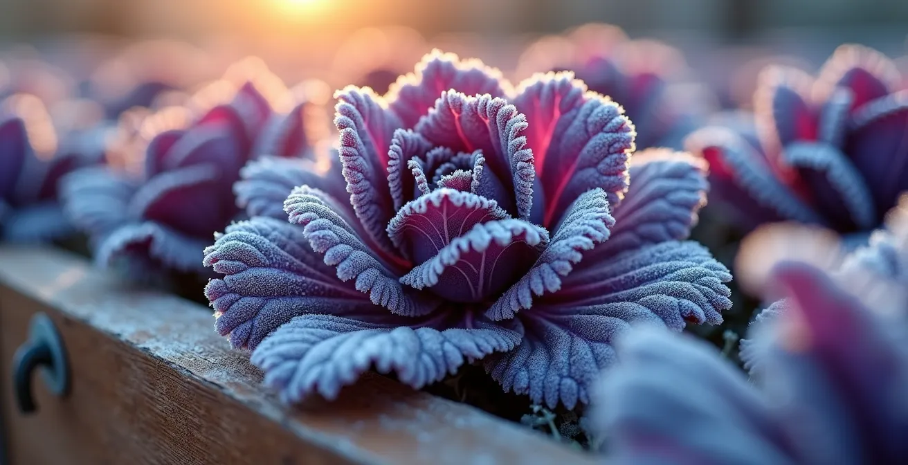 Un potager hivernal esthétique avec des bacs en cèdre, des tuteurs métalliques et du kale pourpre sous une fine couche de neige.