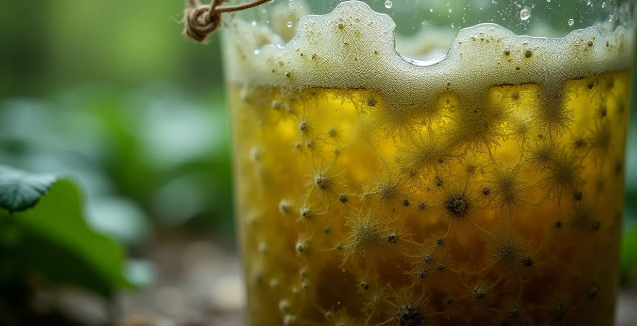 Gros plan macro sur la fermentation d'un purin d'ortie dans un seau avec bulles et textures végétales