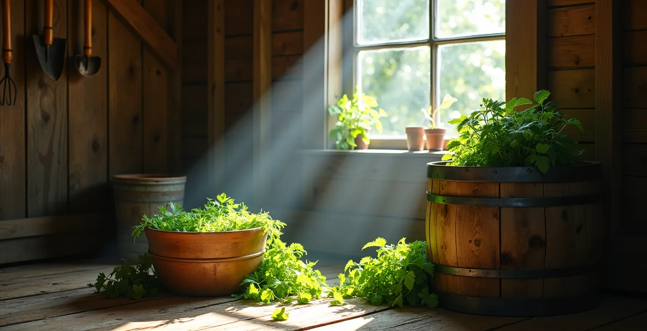 Mains préparant une solution naturelle dans un seau de jardin avec des orties fraîches