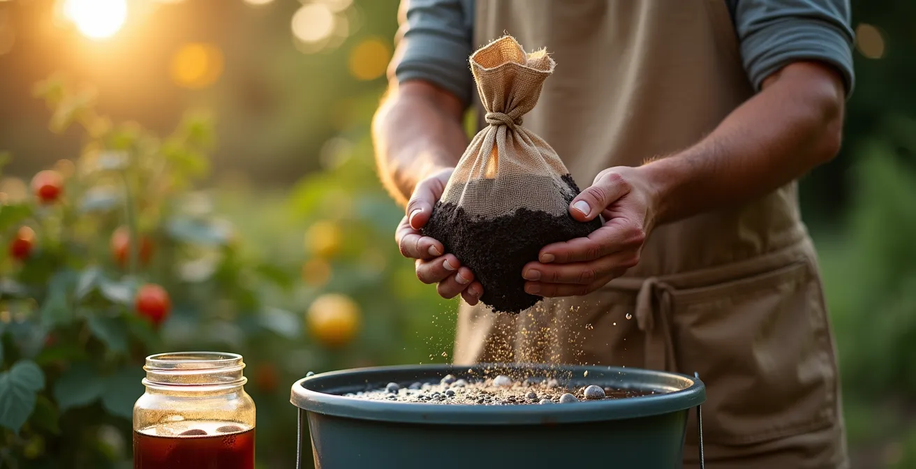 Personne préparant un thé de compost avec pompe d'aquarium dans un seau, entourée de plantes luxuriantes