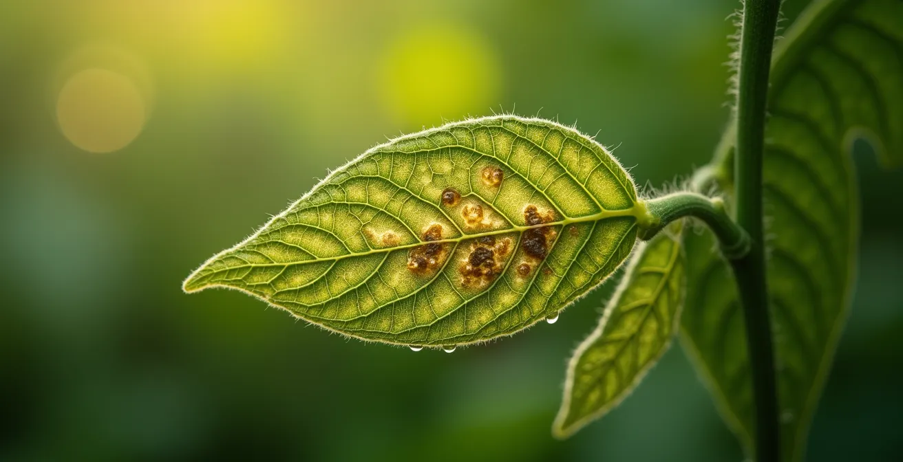 Gros plan macro sur une feuille de tomate montrant les symptômes du mildiou avec des taches brunes caractéristiques