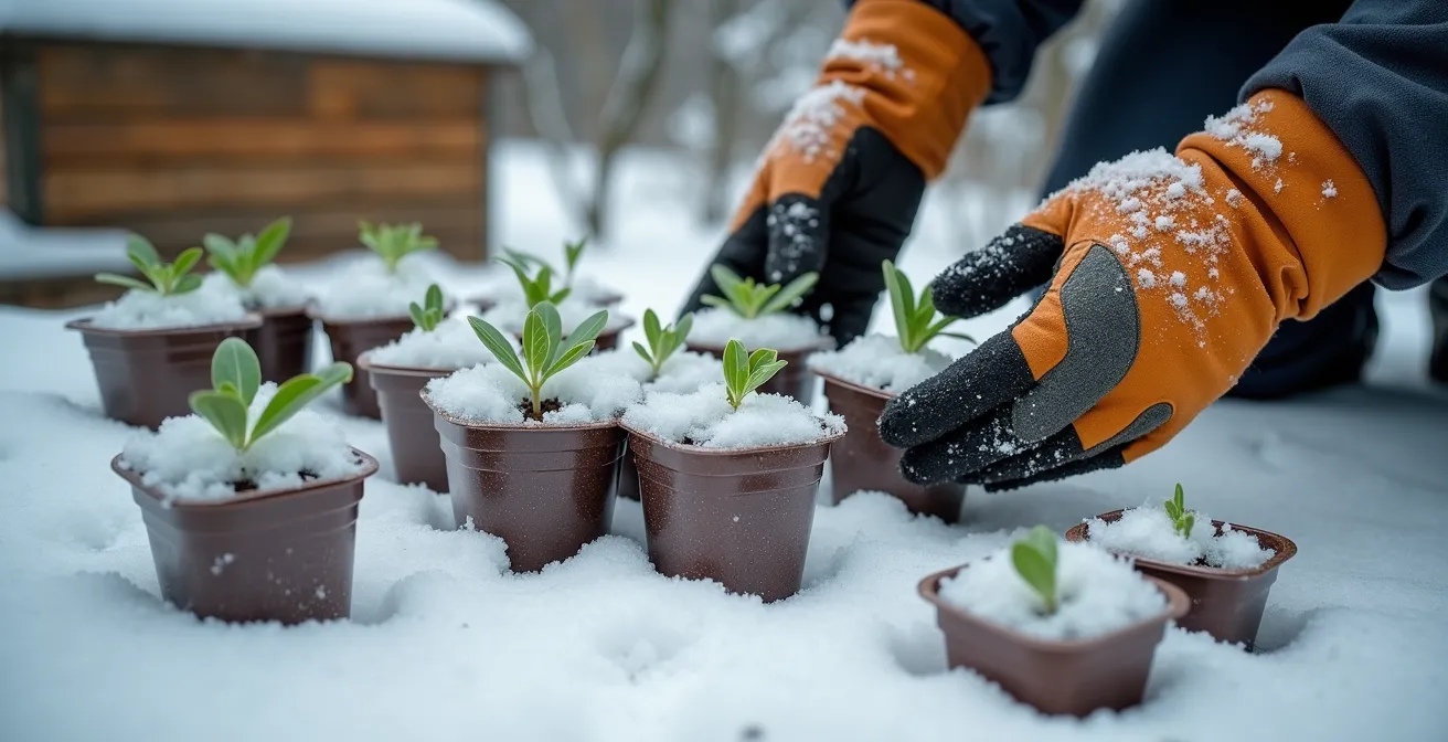 Contenants de semis recouverts de neige dans un jardin québécois en hiver pour stratification naturelle
