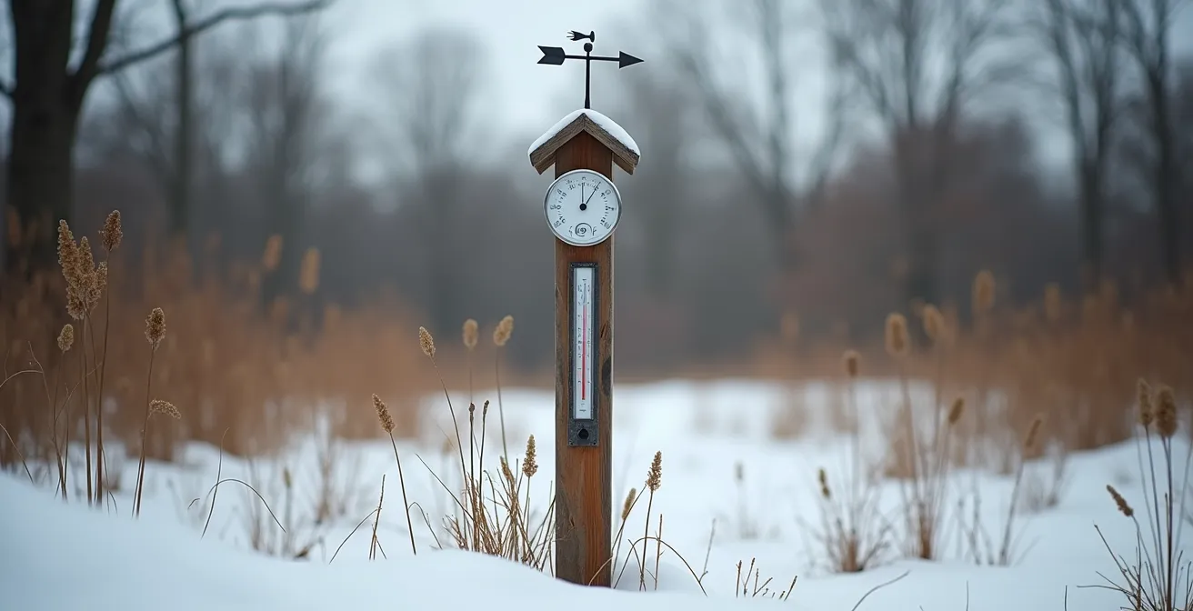 Enfant observant une station météorologique artisanale installée dans un jardin québécois