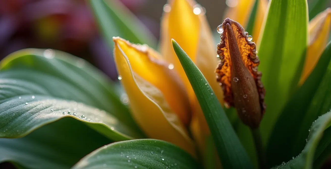 Vue macro montrant la transition naturelle entre floraisons avec feuillages texturés